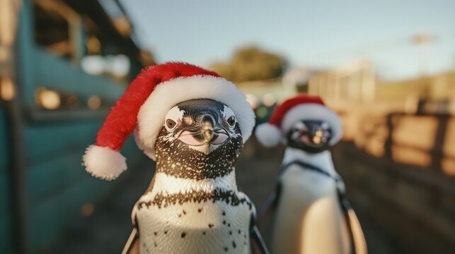 Penguins wearing Santa hats at a wildlife park during the holiday season - Powered by Adobe