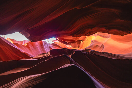 Layers, shades, curves, lines and texture of tall walls in Antelope Canyon