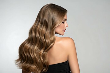 Naklejka premium Glamorous woman model with long, healthy brown hair and beautiful skin from her back profile