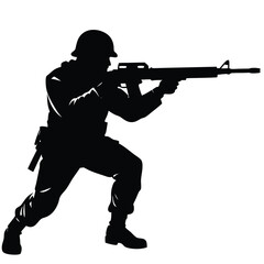 Silhouette of Military Soldier Aiming Rifle Wearing Helmet Armed and Ready for Battle