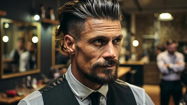 portrait of handsome male hairdresser, hair care service concept, men's fashion, barbershop