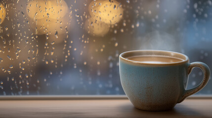 Fototapeta premium Cozy Rainy Day Window with Steaming Coffee Mug and Foggy View