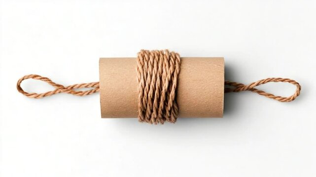 A minimalist composition featuring a rolled cardboard tube wrapped with twine on a clean surface