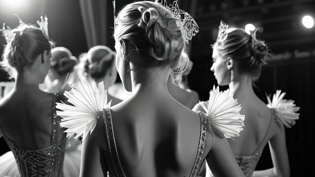 ballerinas backstage preparing for the performance on stage in soft lighting and graceful pose concept of performing arts, fashion, cultural industry