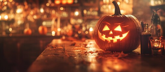 Big pumpkin with carved funny glowing face standing on background of Halloween decor. Close up of jack-o-lantern standing on right side on wooden table.