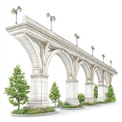 Obraz premium An elegant stone bridge with arches and streetlights spans green vegetation.