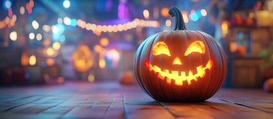 Big pumpkin with carved funny glowing face standing on background of Halloween decor. Close up of jack-o-lantern standing on right side on wooden table.