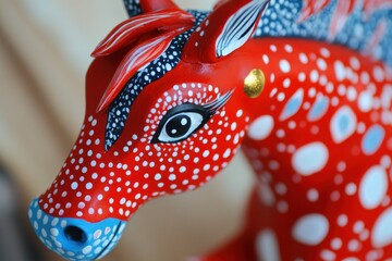 Obraz premium Vibrant Red Alebrije Horse Statue with Colorful Patterns and Artistic Designs.