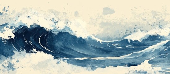 Blue brush stroke texture with Japanese ocean wave pattern in vintage style. Abstract art landscape