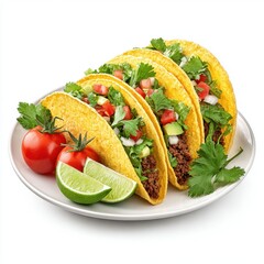 Tasty tacos filled with fresh ingredients are displayed on a white plate.