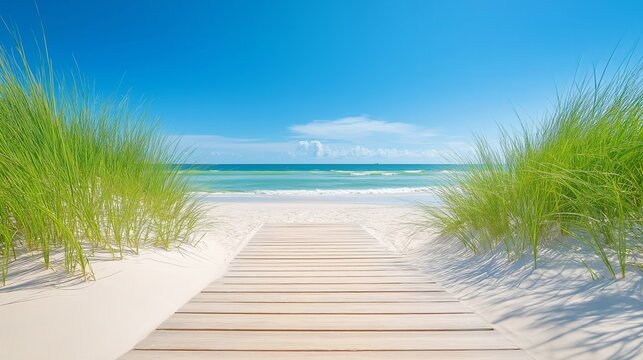 Serene beach pathway through dunes to clear blue ocean under sunny sky