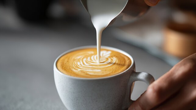 Barista pouring milk into latte art coffee