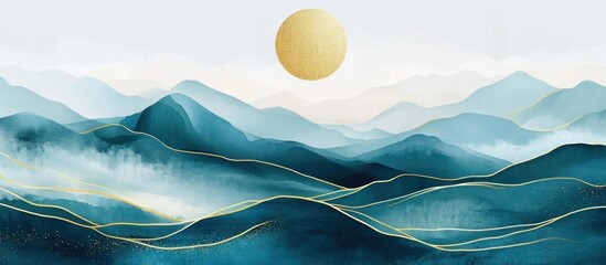 Blue mountain and golden line arts background vector. Oriental Luxury landscape background design with watercolor brush and gold line texture.
