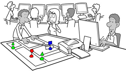 Cartoon men working on a design project with shapes