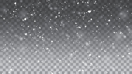 Realistic falling snow with snowflakes and clouds. Vector heavy snowfall, snowflakes in different shapes and forms. Many white cold flake elements on transparent background. 