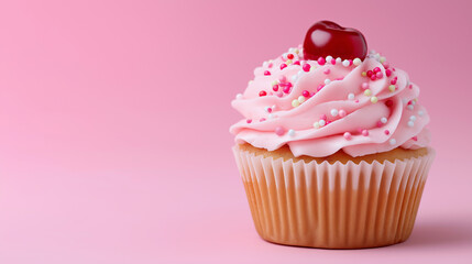 Delightful pink cupcake with cherry and sprinkles on pale background