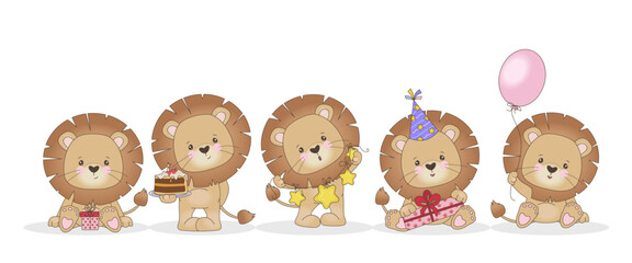Adorable lion cubs celebrating a birthday with gift boxes, cake, balloons and party hats. This adorable vector illustration depicts a joyful party filled with festive elements.