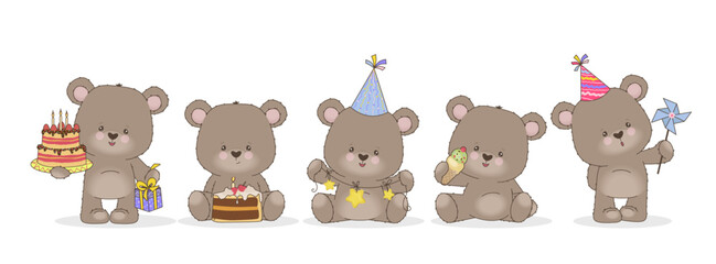 Adorable bear vector illustration featuring five cute bears enjoying a birthday celebration. They hold cakes, gifts, and wear party hats, creating a festive and joyful atmosphere.