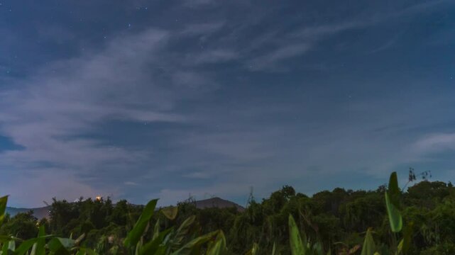 Stars Slowly Fade as Dawn Breaks Over a Tropical Jungle with Silhouetted Hills and Wispy Clouds in a Seamless Timelapse Transition from Night to Morning