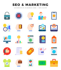 SEO & MARKETING Flat icons collection. Flat icons pack. Vector illustration