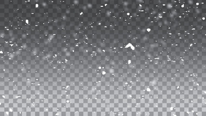 Realistic falling snow with snowflakes and clouds. Vector heavy snowfall, snowflakes in different shapes and forms. Many white cold flake elements on transparent background.