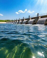 Net zero renewable solutions. Stunning Hydroelectric Dam with Crystal Clear Water Under Bright Blue Sky and Lush Greenery