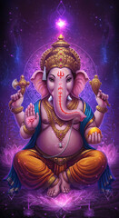 Obraz premium Hindu Deity Ganesha Floating in Spiritual Universe