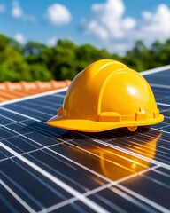 Net zero renewable solutions. Engineers Collaborating on Renewable Energy Solutions with Solar Panels Under a Blue Sky