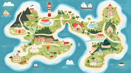 Illustrated Island Map with Buildings, Waterways, and Palm Trees