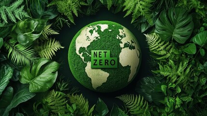 Net zero renewable solutions. Green Globe Representing Net Zero Emissions Surrounded by Lush Greenery and Natural Elements