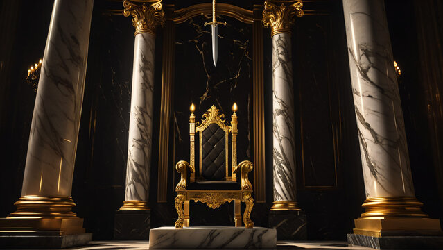 A visual metaphor of constant danger above power &mdash; the Sword of Damocles hanging by a thread over a throne
