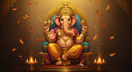 Fototapeta premium Ganesha Idol Surrounded by Floating Leaves and Diyas