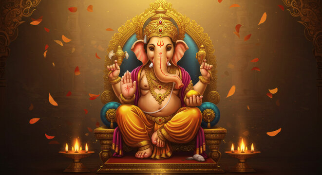 Ganesha Idol Surrounded by Floating Leaves and Diyas