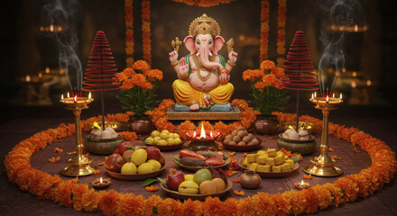 Obraz premium Ganesh Chaturthi Celebration with Lord Ganesha Idol, Traditional Offerings, and Festive Decorations