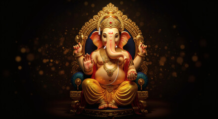 Fototapeta premium Lord Ganesha Seated on Ornate Throne – Hindu Deity with Golden Aura and Sacred Symbols
