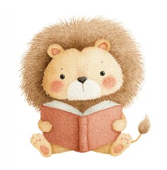 Adorable Lion Cub engrossed in a captivating book, watercolor style illustration, showcasing a peaceful reading moment.