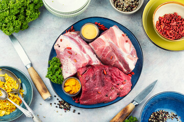 Mix of raw meat for cooking or grilling.