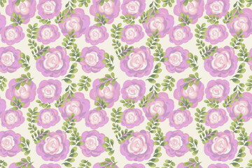 Seamless vector floral pattern with hand painted pink roses and leaves on a light background. Elegant and romantic design, ideas for textiles, wallpapers, stationery, packaging, and vintage decor