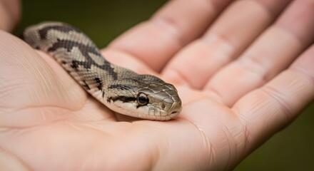 Fototapeta premium Gentle Grip: A close-up shot showcases a delicate snake, held securely in a caring hand, highlighting the beauty of the serpent and the tenderness of the human interaction.