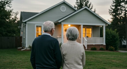 Elderly couple admiring their cozy house at dusk, illuminated windows, serene lawn
