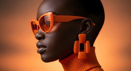 Aesthetic Portrait: A striking portrait showcases a person with bold orange accessories, set against an amber backdrop, radiating a sense of chic and artistic confidence.