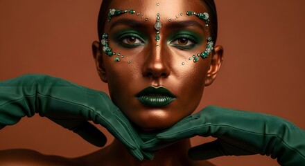 Beauty in the Emerald Realm: An elegantly styled woman, her face adorned with lustrous gold makeup and striking green accents, delicately frames her visage with gloved hands.
