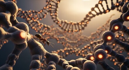 Intricate Molecular Structure: A mesmerizing depiction of intricate molecular structures, a single ant exploring the complex network