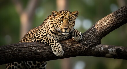 Leopard Lounging: A majestic leopard rests regally on a sturdy tree branch, its golden coat adorned with distinctive spots, embodying the wild beauty of the animal kingdom.