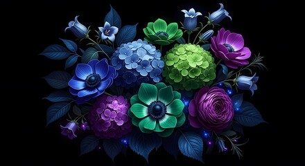 Vibrant Floral Fantasy: A captivating bouquet of richly colored flowers, rendered with artistic flair and striking contrast, arranged against a dark backdrop