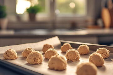 Spheres of cookie dough arranged on oven plate, raw and ready to bake, soft kitchen light and cozy homemade atmosphere