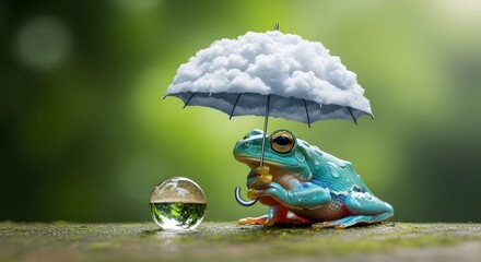 Cloud Umbrella Frog: A whimsical image of a vibrant green tree frog sitting under a cloud-shaped umbrella, next to a crystal ball reflecting a miniature world.  