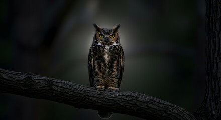 Majestic Owl Perched: A nocturnal owl, with its striking yellow eyes, sits regally on a branch against a dark, atmospheric backdrop. This captures the mystery and power of the wild.