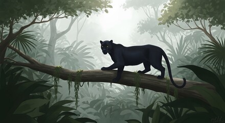 Majestic Panther in the Jungle: A sleek, ebony panther prowls gracefully along a sturdy branch in a dense, lush jungle, its piercing gaze revealing a powerful presence in the heart of the wilderness.