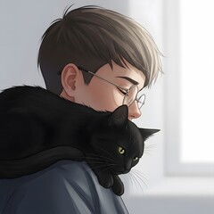Boy and Black Cat: An illustration of a boy wearing glasses with his eyes closed, a sleek black cat perched comfortably on his shoulder, conveying a sense of companionship and serenity.